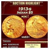 1913-s Gold Indian Half Eagle $5 ms63+ USCG