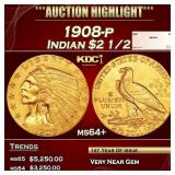 1908-p Gold Indian Quarter Eagle $2 1/2 ms64+ SEGS