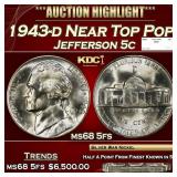 1943-d Jefferson Nickel Near Top Pop 5c ms68 5fs S