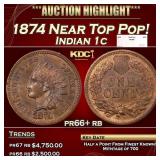 1874 Proof Indian Cent Near Top Pop! 1c pr66+ rb S