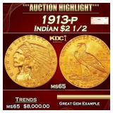 1913-p Gold Indian Quarter Eagle $2 1/2 ms65 SEGS