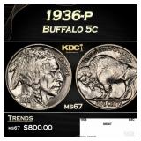 1936-p Buffalo Nickel 5c ms67 SEGS