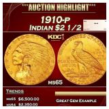 1910-p Gold Indian Quarter Eagle $2 1/2 ms65 SEGS