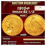 1910-p Gold Indian Quarter Eagle $2 1/2 ms65 SEGS
