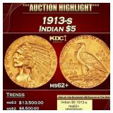 1913-s Gold Indian Half Eagle $5 ms62+ USCG