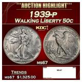 1939-p Walking Liberty Half Dollar 50c ms67 SEGS