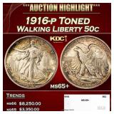 1916-p Walking Liberty Half Dollar Toned 50c ms65+