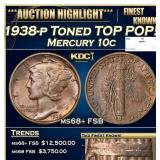 1938-p Mercury Dime Toned TOP POP! 10c ms68+ FSB S