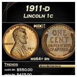 1911-d Lincoln Cent 1c Grades ms64+ bn