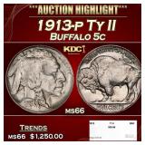 1913-p Ty II Buffalo Nickel 5c ms66 SEGS