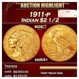1911-p Gold Indian Quarter Eagle $2 1/2 ms64+ SEGS