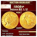 1908-p Gold Indian Quarter Eagle $2 1/2 ms64+ SEGS