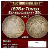1876-p Seated Liberty Quarter Toned 25c ms65+ SEGS
