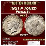 1921-p Peace Dollar Toned $1 ms65+ SEGS