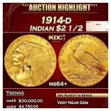 1914-d Gold Indian Quarter Eagle $2 1/2 ms64+ SEGS