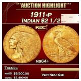 1911-p Gold Indian Quarter Eagle $2 1/2 ms64+ SEGS