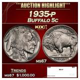 1935-p Buffalo Nickel 5c ms67 SEGS