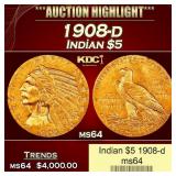 1908-d Gold Indian Half Eagle $5 ms64 USCG