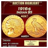 1916-s Gold Indian Half Eagle $5 ms63+ USCG