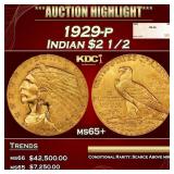 1929-p Gold Indian Quarter Eagle $2 1/2 ms65+ SEGS