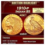 1910-p Gold Indian Half Eagle $5 ms64+ USCG