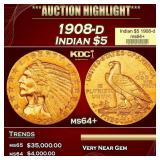 1908-d Gold Indian Half Eagle $5 ms64+ USCG