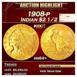 1908-p Gold Indian Quarter Eagle $2 1/2 ms64+ SEGS