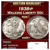 1938-p Walking Liberty Half Dollar 50c ms66+ SEGS