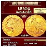 1914-d Gold Indian Half Eagle $5 ms64+ USCG