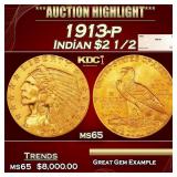 1913-p Gold Indian Quarter Eagle $2 1/2 ms65 SEGS