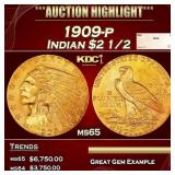 1909-p Gold Indian Quarter Eagle $2 1/2 ms65 SEGS