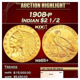 1908-p Gold Indian Quarter Eagle $2 1/2 ms65+ SEGS
