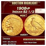 1908-p Gold Indian Quarter Eagle $2 1/2 ms64+ SEGS