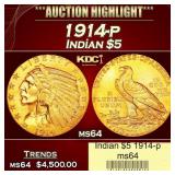 1914-p Gold Indian Half Eagle $5 ms64 USCG
