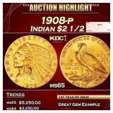 1908-p Gold Indian Quarter Eagle $2 1/2 ms65 SEGS