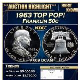 1963 Proof Franklin Half Dollar TOP POP! 50c pr69
