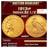1913-p Gold Indian Quarter Eagle $2 1/2 ms64+ SEGS