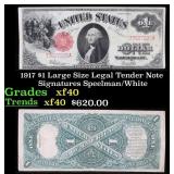 1917 $1 Large Size Legal Tender Note Grades xf Sig