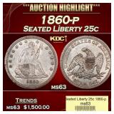 1860-p Seated Liberty Quarter 25c ms63 USCG