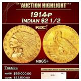 1914-p Gold Indian Quarter Eagle $2 1/2 ms65+ SEGS