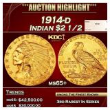 1914-d Gold Indian Quarter Eagle $2 1/2 ms65+ SEGS