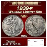 1939-p Walking Liberty Half Dollar 50c ms67 SEGS
