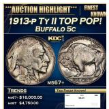 1913-p Ty II Buffalo Nickel TOP POP! 5c ms67+ SEGS