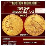 1913-p Gold Indian Quarter Eagle $2 1/2 ms64+ SEGS