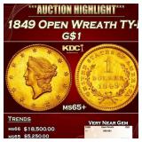 1849 Open Wreath Gold Dollar TY-I $1 ms65+ SEGS