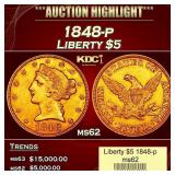 1848-p Gold Liberty Half Eagle $5 ms62 USCG