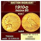 1910-d Gold Indian Half Eagle $5 ms64 USCG