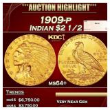 1909-p Gold Indian Quarter Eagle $2 1/2 ms64+ SEGS