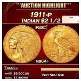 1911-p Gold Indian Quarter Eagle $2 1/2 ms64+ SEGS