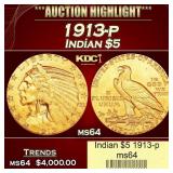 1913-p Gold Indian Half Eagle $5 ms64 USCG